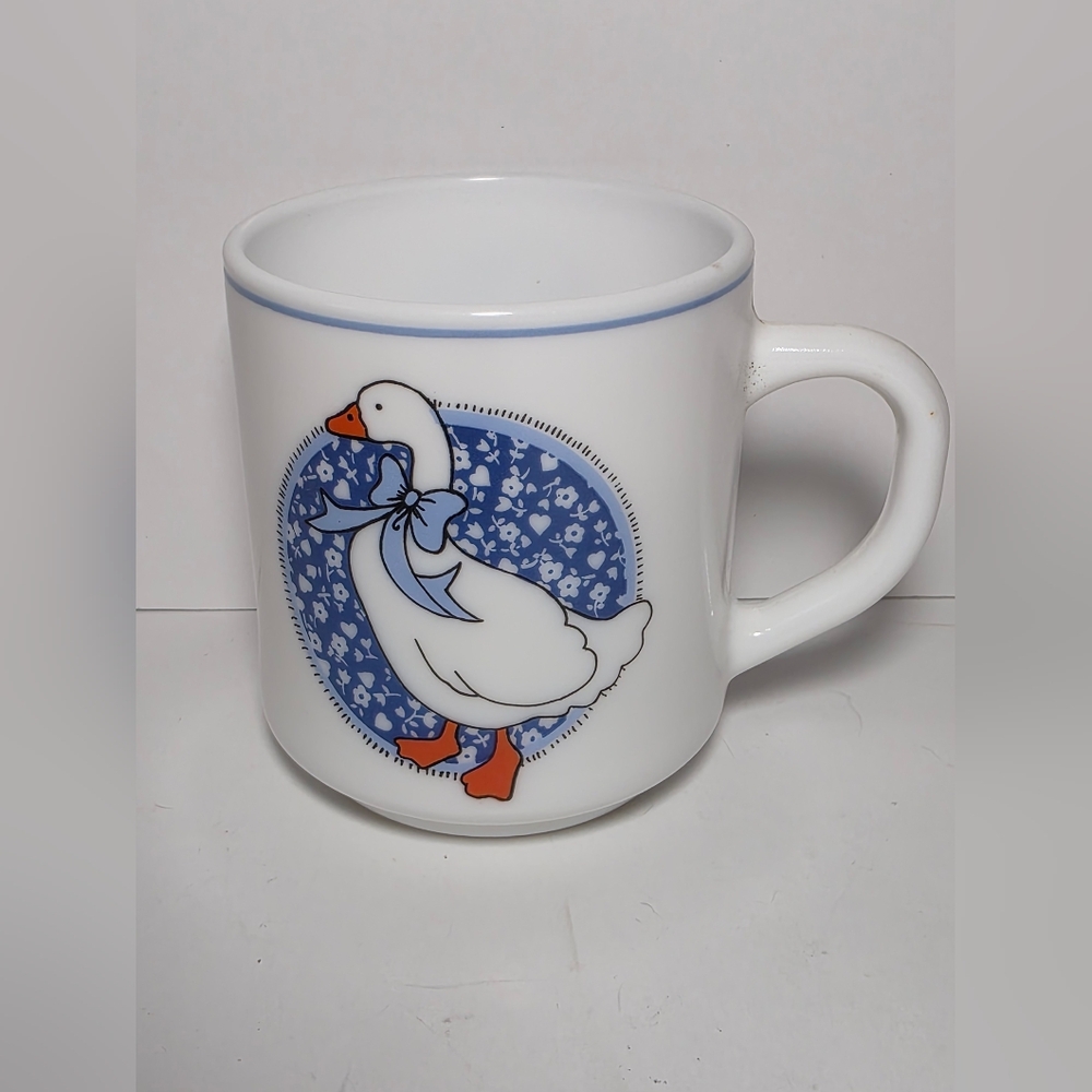 Vintage Arcopal France Country Mug - Blue Ribbon Mother Goose Opal Glass Cottage